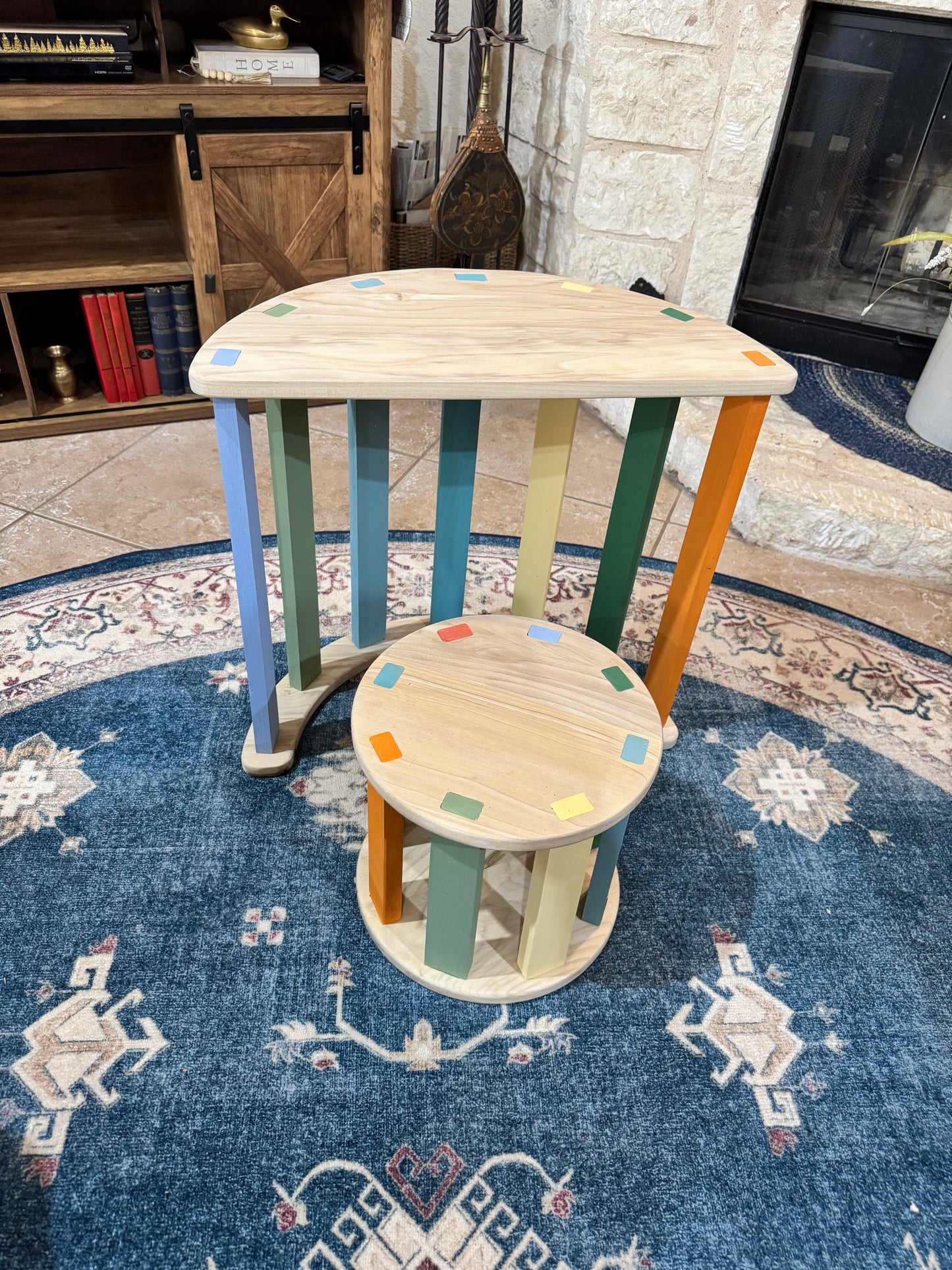 Handmade Children’s Table & Stool Set – Solid Wood with Color Accents