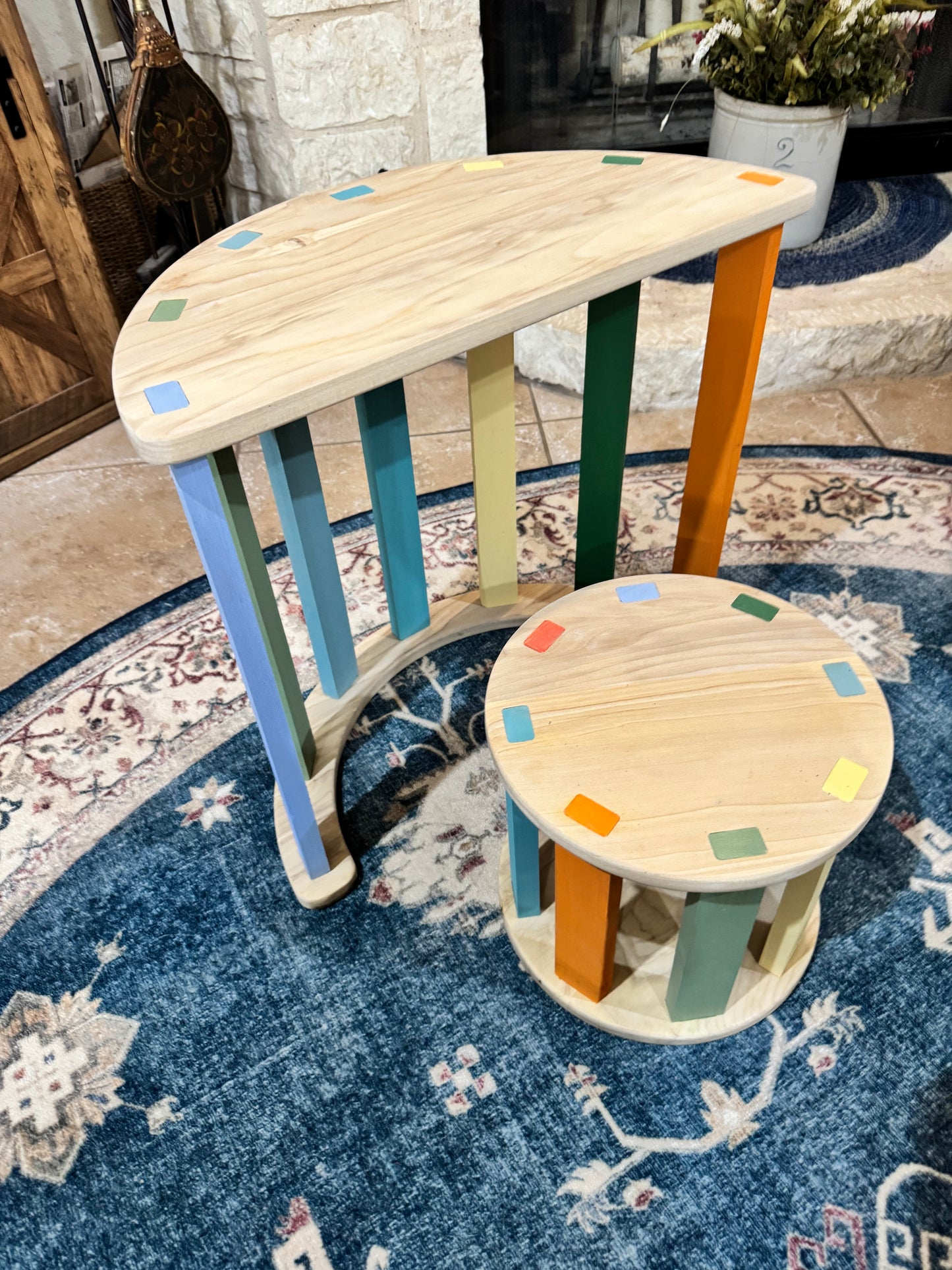 Handmade Children’s Table & Stool Set – Solid Wood with Color Accents